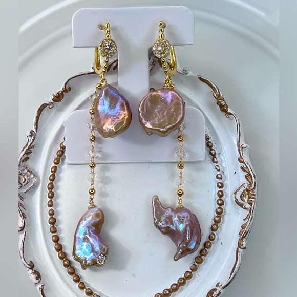 Pearl Jewelry - Handmade Freshwater Unicorn 🦄 Keshi Pearl Long Crystal Earrings S925 SS Poats